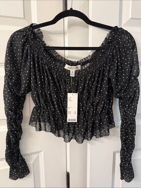 Urban Outfitters Black Polka Dot Smocked Peplum Blouse